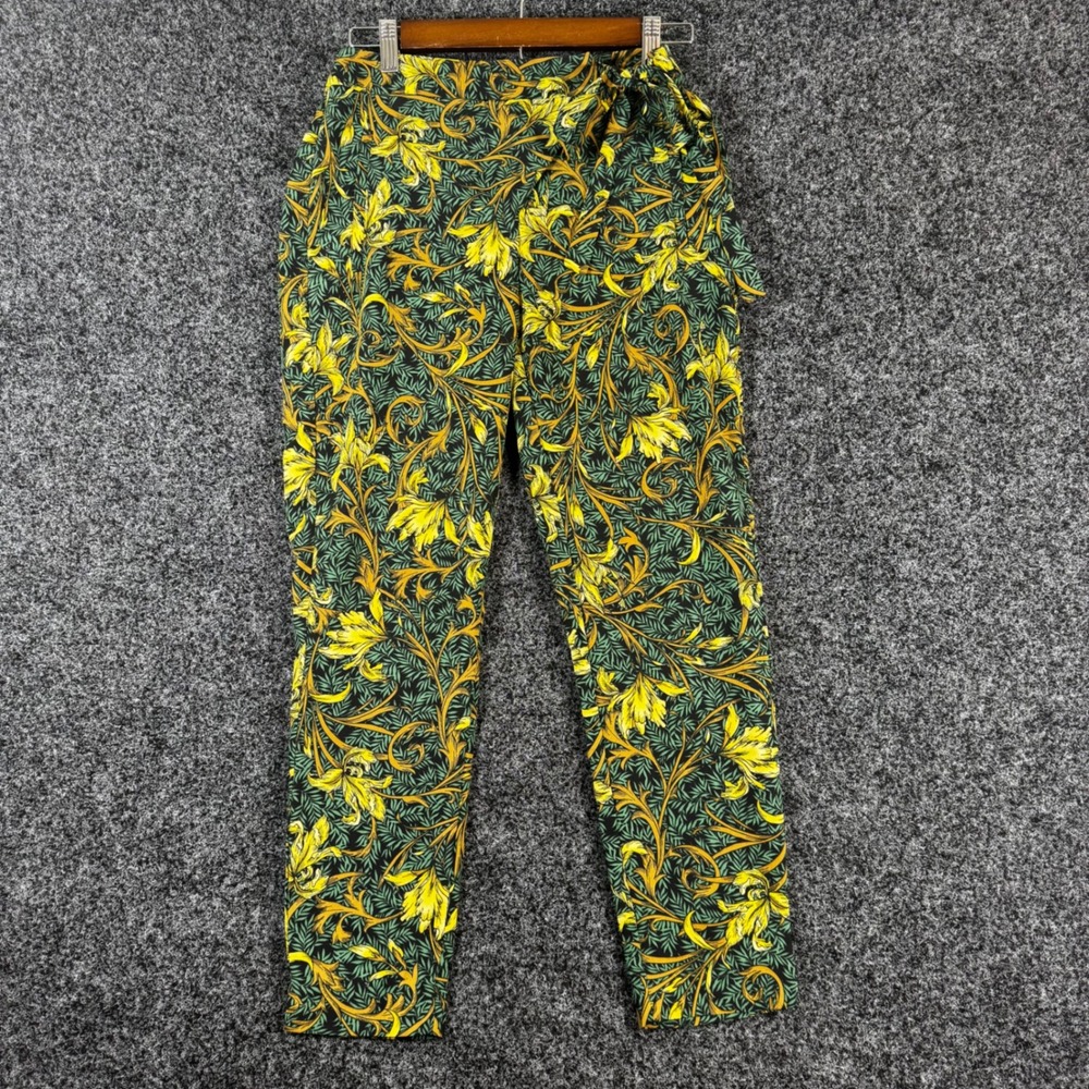 Zara Basic Floral Botanical Wrap Tie Waist Trousers Green Yellow XS‎ Slim Pants